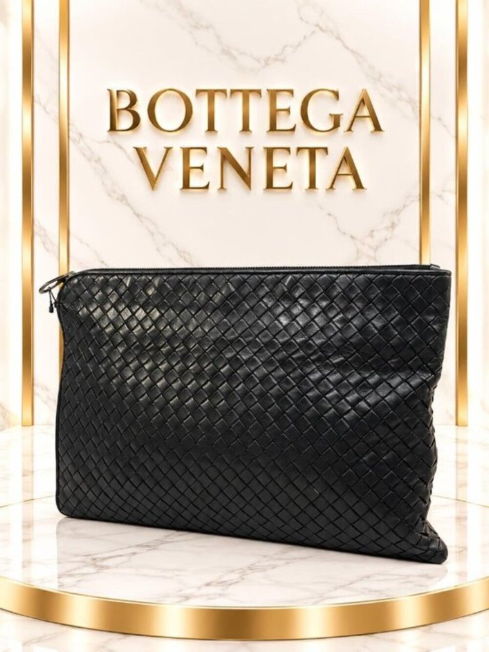 Authentic Bottega Veneta Intrecciato Black Leather Large Clutch Pouch Luxury Bag